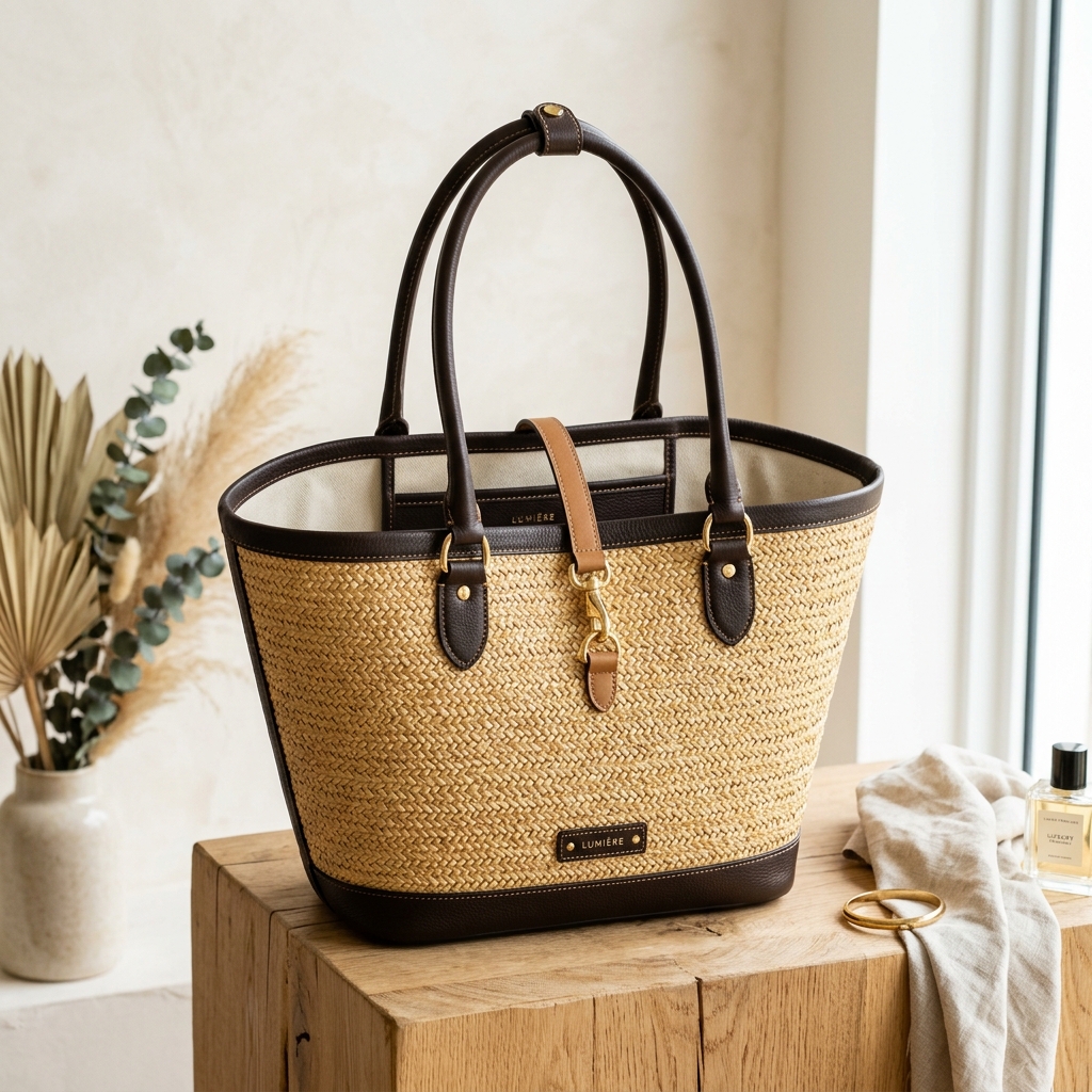 Aura Woven Raffia & Calfskin Tote